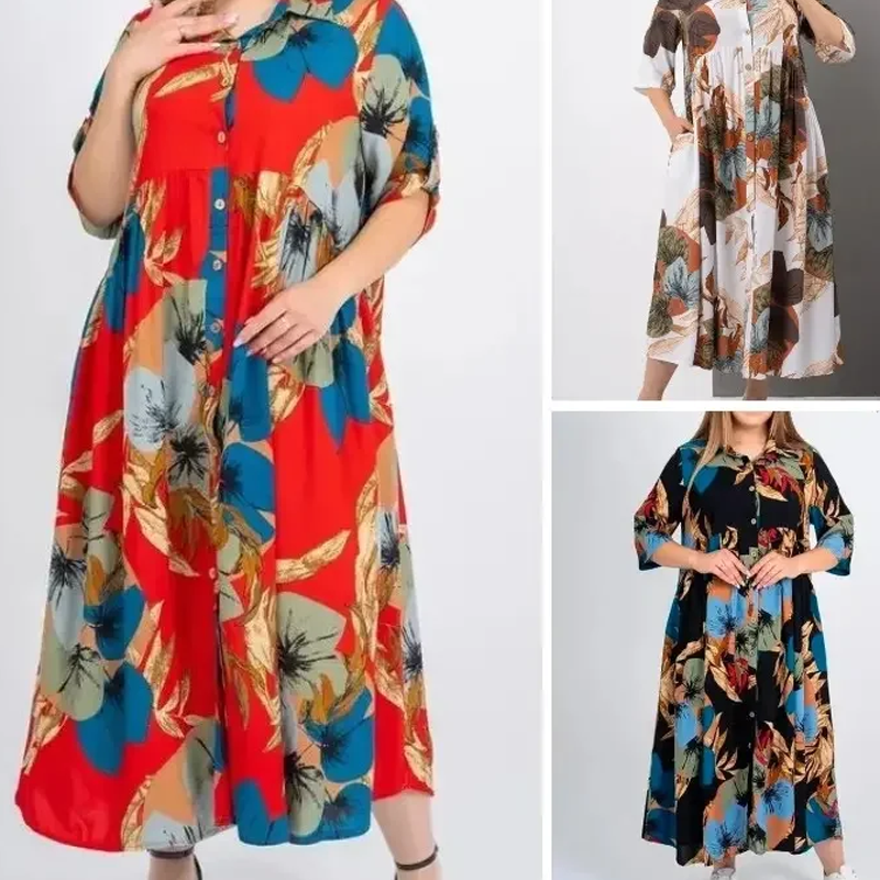 Langes Kleid mit lockerem Revers und Print und Button-Down-Kragen für Damen